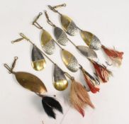 4x twin blade vintage Musky lures by W T J Lowe, Buffalo, New York, with deer hair and feather