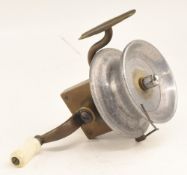 Interesting scratch built threadline casting reel, turned alloy spool and nickel lock nut, brass