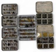 4x Wheatley and 1x Perrine alloy small pocket fly boxes, including 2 x 6 compartment dry fly models,