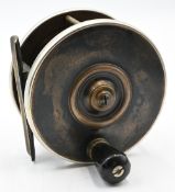 Malloch Patent Sun & Planet 4” ebonite/brass geared fly reel, multi facet handle, nickel silver