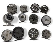 Quantity of alloy and pressed metal fly and trotting reels, including couple of interesting
