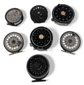 Assortment of vintage fly reels, including 2 x Sharpe's the Gordon 3 ½