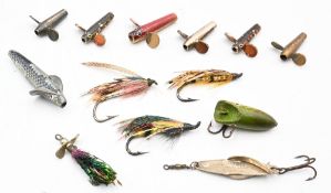 Collection of small fly rod lures including a 1 ¼” Hardy model fly minnow in nickel, a 1” Hardy