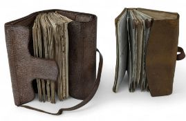 Hardy Bros Alnwick pigskin fly wallet, with parchment pages, pockets and felt pads, generally good