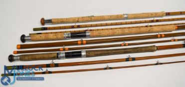A collection of unnamed salmon fly rods, all in cloth bags, as follows: Split cane 13ft 3pc 25