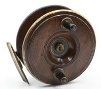 Rare brass bound mahogany Nottingham reel, 3 ¾” diameter, twin painted brass handles on seats,