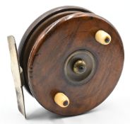 Rare and early Nottingham mahogany, ebonite and nickel silver starback reel, 3 ½” diameter, matching