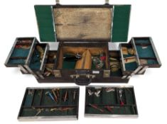 Vintage cantilever wooden box by EW Parlour, Lincolnshire, containing selection of vintage lures,
