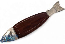 Large Salmon Serving Platter Tray in wood and metal construction, nice example, #92cm