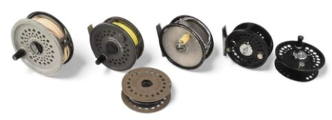 A collection of fly reels, as follows: Intrepid Rimfly Concept 375 alloy cassette reel with spare