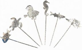 A 999 fine silver set of 6 Fishing Fish Sealife Olive Picks by James Suddaby. Each with Birmingham