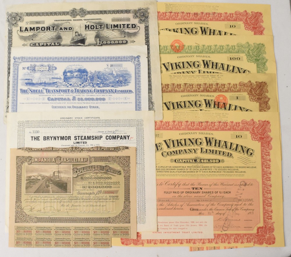 COLLECTION OF 14 share Certificates from 1857 to 1954 - included are Lamport and Holt of 1812