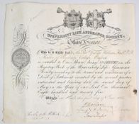 OXFORD UNIVERSITY LIFE ASSURANCE SOCIETY 1825. Certificate for 1 Share made out to George William