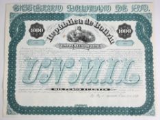 PICTORIAL: GOVERNMENT BOND BOLIVIA REPUBLICA DE BOLIVIA - 8% Loan. Bearer Bond for 1000 Pesos,