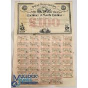 STATE OF SOUTH CAROLINA - 6% LOAN. Bearer Bond for £100 Sterling. Unissued reserve stock 1871.