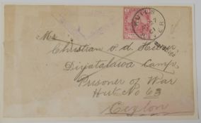POSTAL HISTORY: SOUTH AFRICA BOER WAR envelope front sent to Prisoner of War Camp in Ceylon 27th