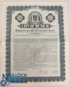 GERMANY CITY OF MUNICH - 6% STERLING BONDS. Bearer Bond for £100, Munich 1953. Algnette of
