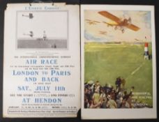 POSTER ON CARD - FLYING AT HENDON - “Air Race London to Paris and Back in One Day” 11th July 1914.