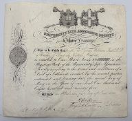 GREAT BRITAIN UNIVERSITY LIFE ASSURANCE SOCIETY 1825. Certificate for 1 share made out to George