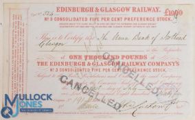 EDINBURGH & GLASGOW RAILWAY CERTIFICATE for £1,000 Stock made out to 