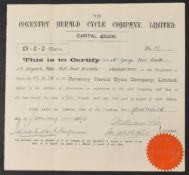 THE COVENTRY HERALD CYCLE COMPANY LTD 1891. Certificate for 5x £5 shares made out to George Storr