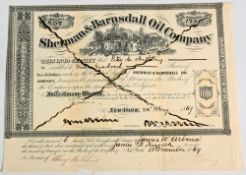EARLY OIL COMPANY: SHERMAN & BARNSDALL COMPANY. Certificate for 1,300 shares 1869. Vignette of oil