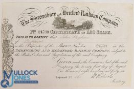 THE SHREWSBURY AND HEREFORD RAILWAY COMPANY (a 50-mile line opened in 1853). certificate for one £20