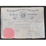 WATERFORD & LIMERICK RAILWAY COMPANY 1845 Certificate for one £50 share. Coat of Arms central,