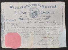 WATERFORD & LIMERICK RAILWAY COMPANY 1845 Certificate for one £50 share. Coat of Arms central,