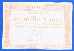 FRENCH REVOLUTION BANKNOTE – 1000 FRANCS – date 7 January 1795 (8 Nivose, Year 3 of republic) Numero