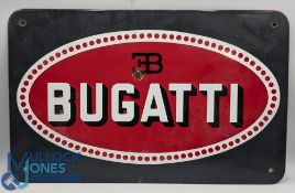 BUGATTI ENAMEL ADVERTISING SIGN, red and white logo on black, rounded corners, 30x40cm, age