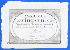 FRENCH REVOLUTION BANKNOTE – 500 LIVRES – date 8 February 1794 (20 Pluviose, Year 2 of republic),