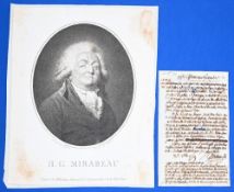 AUTOGRAPH – FRENCH REVOLUTION – GABRIEL COMTE DE MIRABEAU (1749-1791) LETTER AND ENGRAVING (2) –