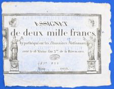 FRENCH REVOLUTION BANKNOTE – 2000 FRANCS - date 7 January 1795 (8 Nivose, Year 3 of republic) –