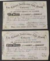 AUSTRALASIAN LAKE BATHURST GOLD MINING COMPANY c1880s. Certificate for 10 Bearer shares on the