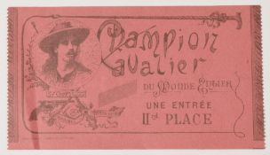 TICKET FOR S F CODY WILD WEST STAGE SHOW circa 1890s. Graphic pictorial ticket for one of S F Cody’s