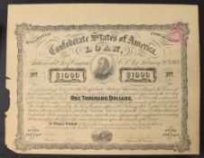 CIVIL WAR ISSUE - CONFEDERATE STATES 7% LOAN - Bearer Bond for $1,000 1863. Portrait of General