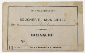 FRANCE SIEGE OF PARIS, FRANCO PRUSSIAN WAR 1870. Municipal Butchers Shop, a Meat Ration Coupon for