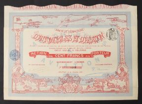 SOCIETE FRANCAISE D’AUTOMOBILES ET D’AVIATION. Bearer Certificate for 1708100 Francs. Orleans