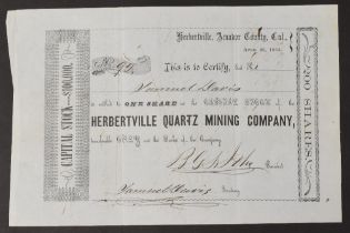 SCARCE EARLY CALIFORNIA GOLD RUSH SHARE CERTIFICATE - UNITED STATES HERBERTVILLE QUARTZ MINING