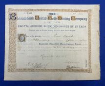 GOLD MINING: SOUTH AFRICA THE BLAANWBANK UNITED GOLD MINING COMPANY LTD. Certificate for 15 shares