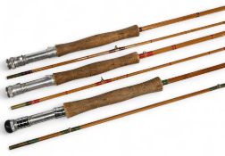 A collection of unnamed split cane trout fly rods, all in cloth bags with alloy uplocking reel seats