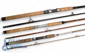 Three classic fibreglass spinning rods, a Kenley Premier Piker 9' 2 piece, casting weight 40-