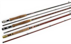 A collection of carbon and glass trout fly rods, all in cloth bags and complete, as follows: 1x