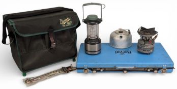 Efgeeco Fishing Seat, Box, with camping solve, kettle, Osram lamp, tent pegs and a Royal double gall