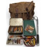 Period Canvas Fishing Tackle Bag: leather strap, waxed finish, distressed condition, with contents