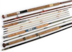 A collection of rods as follows: 1s unnamed solid glass spinning rod, 7ft 2pc, 19” handle, alloy