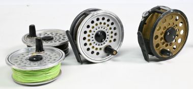 Daiwa SF708 alloy trout fly reel with 2 spare spools, 3 3/8” ventilated spool, 2 screw latch,