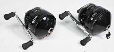 2x Zebco 808 Bowfisher closed face spinning reels in black finish, twin handle, 808BOW -GWK4 stamped