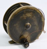 Army & Navy, Victoria Street, London, brass plate wind salmon fly reel, 3 ¾” wide solid spool, large
